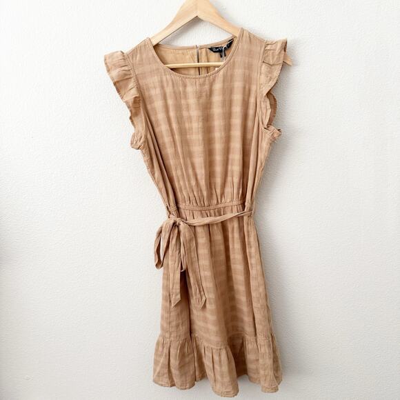 VELVET HEART | Tabitha Tan Nude Flutter Sleeve Stripe Dress Belted | Size Small - Picture 1 of 8
